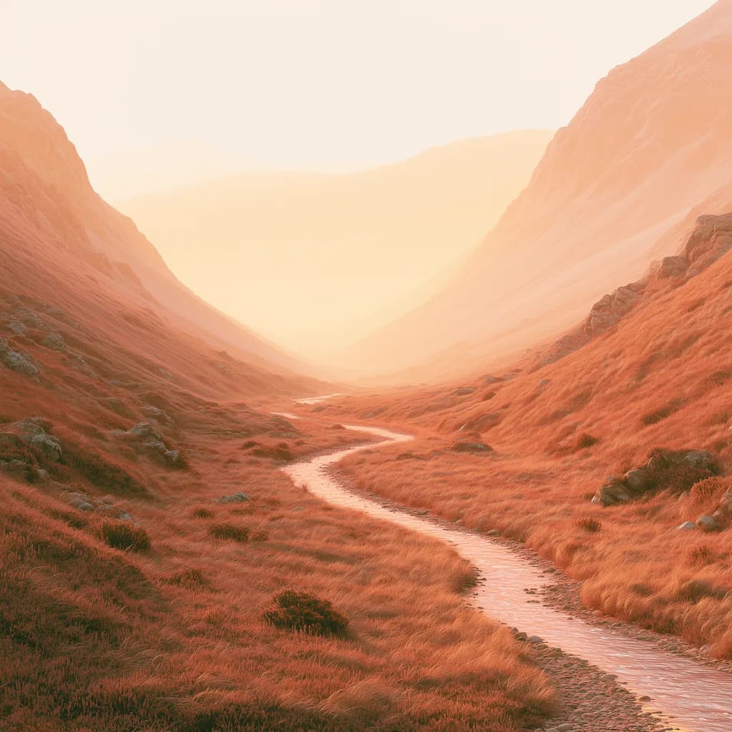 A narrow river winding through a broad Highland valley at dawn
