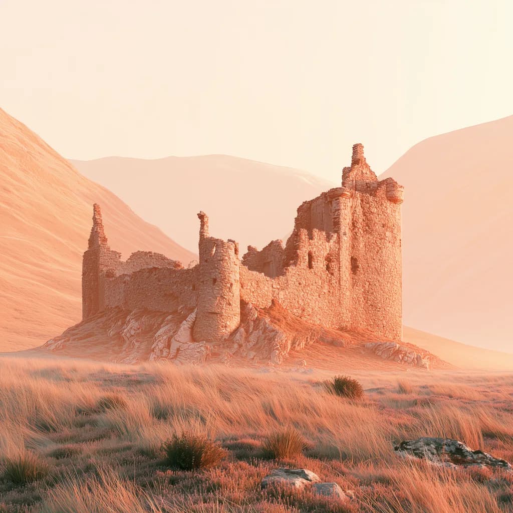 A ruined Highland castle keep standing on a rocky rise below smooth hills