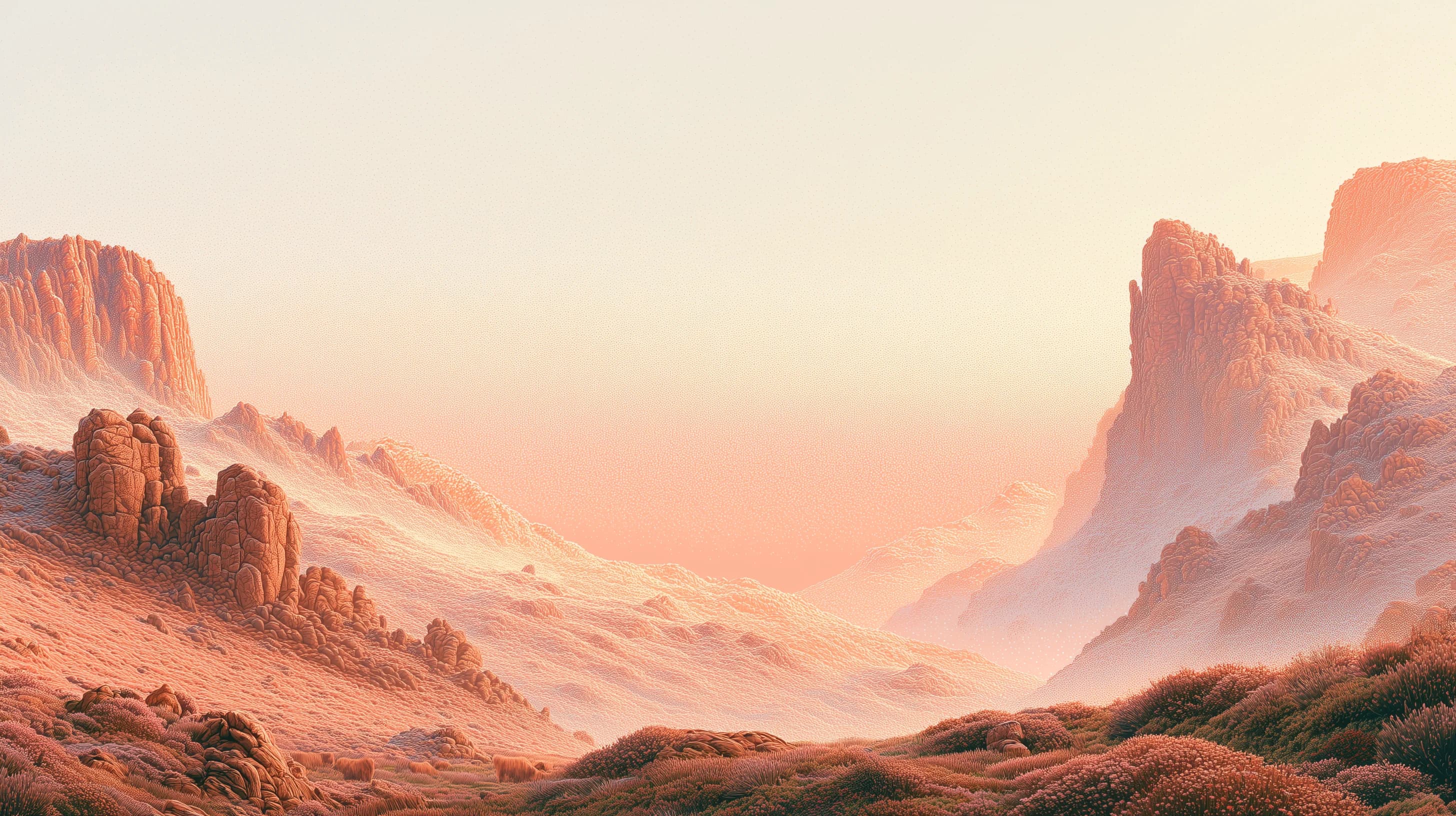 Stylized warm-toned Scottish Highlands with rocky peaks framing a broad valley